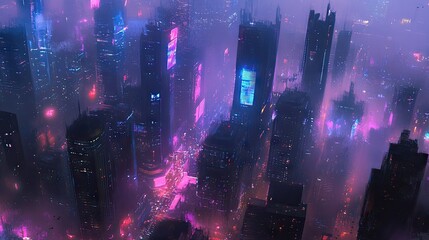 Poster - Neon-lit cyberpunk city panorama with futuristic skyscrapers and bustling streets. Digital illustration.