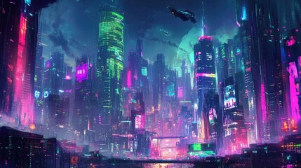 Poster - Neon-lit cyberpunk city panorama with futuristic skyscrapers and bustling streets. Digital illustration.