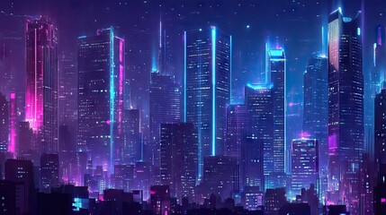 Poster - Neon-lit night city with futuristic skyscrapers and modern buildings. Dark cyberpunk-themed background with a panoramic cityscape view.