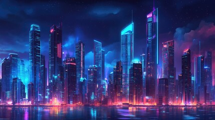 Poster - Neon-lit night city with futuristic skyscrapers and modern buildings. Dark cyberpunk-themed background with a panoramic cityscape view.