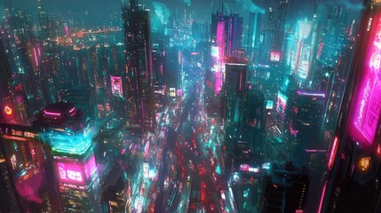 Poster - Neon-lit streets and futuristic buildings in a cyberpunk city panorama. Digital art. -