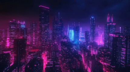 Poster - Neon-lit night city with futuristic skyscrapers and modern buildings. Dark cyberpunk-themed background with a panoramic cityscape view.