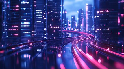 Poster - Night city with a high-speed hyperloop. Blurred lights from buildings enhance the futuristic tech concept in the 3D illustration.