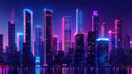 Poster - Night cityscape in 3D with neon-lit skyscrapers and vivid colors. Detailed illustration of downtown architecture.