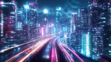 Poster - Nighttime city with a high-speed hyperloop. Blurred lights from buildings create a vibrant and futuristic 3D illustration.