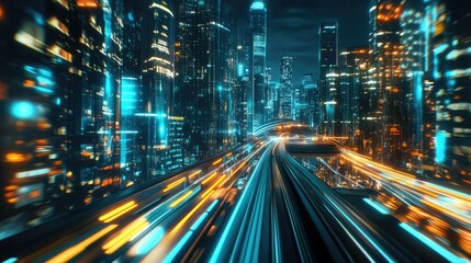 Poster - Nighttime city with a high-speed hyperloop. Blurred lights from buildings create a vibrant and futuristic 3D illustration.