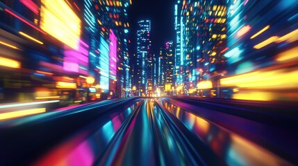 Poster - Nighttime city with a high-speed hyperloop. Blurred lights from buildings create a vibrant and futuristic 3D illustration.