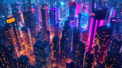 Poster - Nighttime 3D city with vibrant neon lights and colorful skyscrapers. Detailed illustration of megapolis architecture.