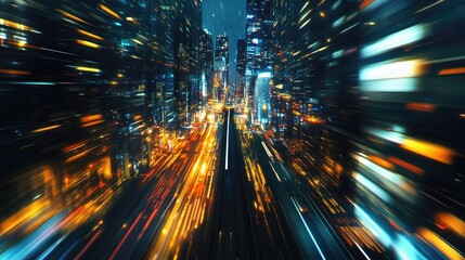 Poster - Nighttime cityscape with a hyperloop in warp speed. Blurred lights from towering buildings enhance the futuristic and dynamic tech theme