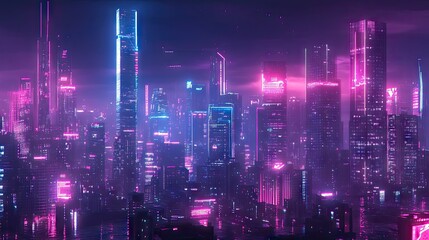 Poster - Panoramic night view of a futuristic city illuminated by neon lights. Modern skyscrapers and buildings create a vibrant, cyberpunk skyline.