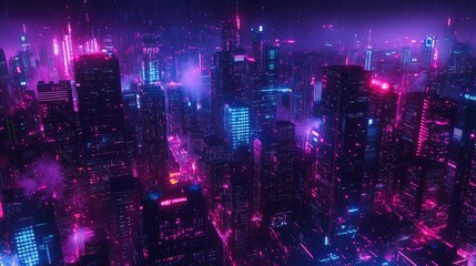 Poster - Panoramic view of a futuristic city illuminated by neon lights at night. High-tech skyscrapers and a dark cyberpunk cityscape background.