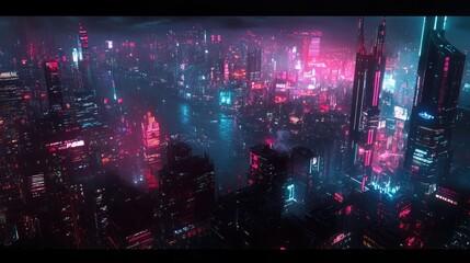 Poster - Panoramic view of a futuristic city illuminated by neon lights at night. High-tech skyscrapers and a dark cyberpunk cityscape background.