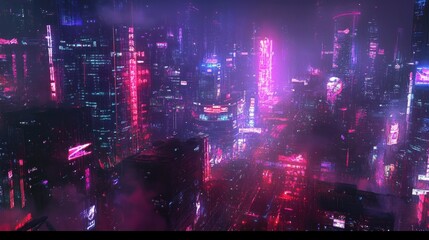 Poster - Panoramic view of a futuristic city illuminated by neon lights at night. High-tech skyscrapers and a dark cyberpunk cityscape background.
