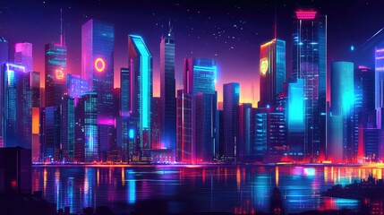 Poster - Panoramic view of a vibrant, futuristic city at night with bright neon lights and high-tech skyscrapers. Dark background with a cyberpunk aesthetic.