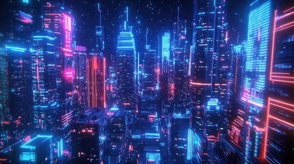 Poster - Panoramic view of a vibrant, futuristic city at night with bright neon lights and high-tech skyscrapers. Dark background with a cyberpunk aesthetic.
