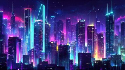 Poster - Panoramic view of a vibrant, futuristic city at night with bright neon lights and high-tech skyscrapers. Dark background with a cyberpunk aesthetic.