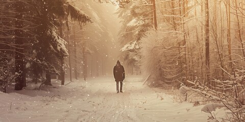 Sticker - Man walking through snowy winter forest in a blizzard