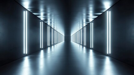 Poster - Reflective textured corridor with glowing lights extending infinitely. 3D illustration.
