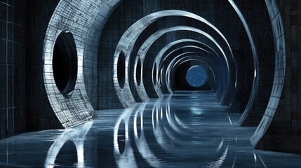 Poster - Reflective surfaces in a futuristic hangar tunnel with brick texture. Sci-fi fantasy corridor. 3D rendering.