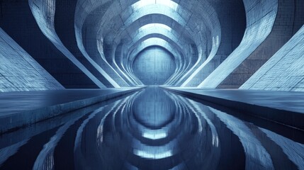 Poster - Reflective surfaces in a futuristic hangar tunnel with brick texture. Sci-fi fantasy corridor. 3D rendering.