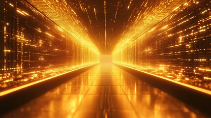 Poster - Reflective textured corridor with glowing lights extending infinitely. 3D illustration.