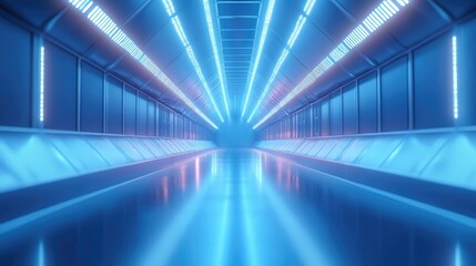 Poster - Reflective textured corridor with glowing lights extending infinitely. 3D illustration.