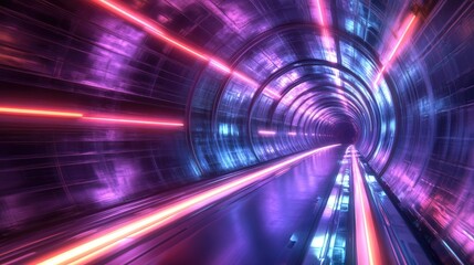 Poster - Reflective textured tunnel with bright, glowing lights extending infinitely. Sci-fi background.