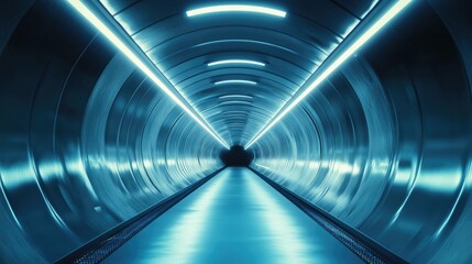 Poster - Reflective textured tunnel with bright, glowing lights extending infinitely. Sci-fi background.