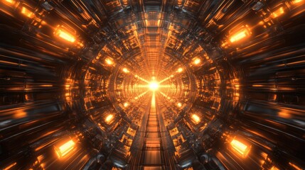 Poster - Reflective textured tunnel with bright, glowing lights extending infinitely. Sci-fi background.