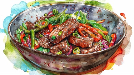 Bulgogi beef stir-fry with sesame seeds and vegetables,Clipart, watercolor illustration, Perfect for nursery art The style is hand  drawn, white background