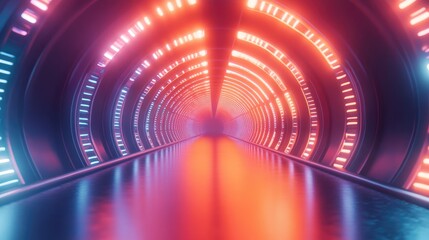 Poster - Reflective textured tunnel with glowing lights extending endlessly. 3D illustration.