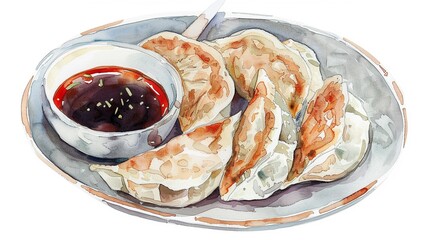 mandu (korean dumplings) with dipping sauce,clipart, watercolor illustration, perfect for nursery ar