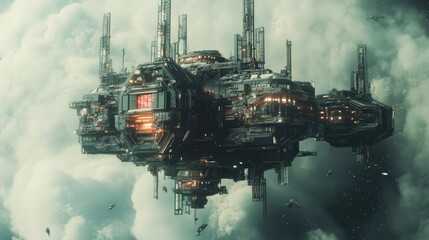 Poster - Space station built from geometric cubes, with a sci-fi aesthetic. 3D rendering.
