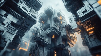 Poster - Space station built from geometric cubes, with a sci-fi aesthetic. 3D rendering.