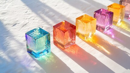 Poster - Spectrum of light from colored dichroic glass cubes, sparkling on textured white paper, showcasing artistic light dispersion.