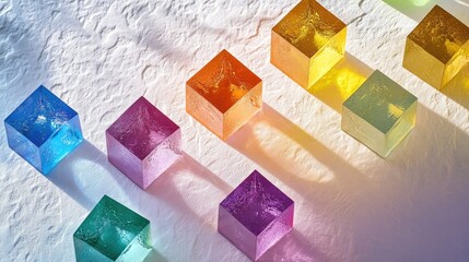 Poster - Spectrum of light from colored dichroic glass cubes, sparkling on textured white paper, showcasing artistic light dispersion.