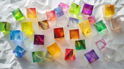 Poster - Spectrum of light from colored dichroic glass cubes, sparkling on white textured paper, showcasing artistic dispersion.