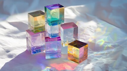 Poster - Spectrum of light refracted through stacked dichroic glass cubes, sparkling on a textured white paper background.