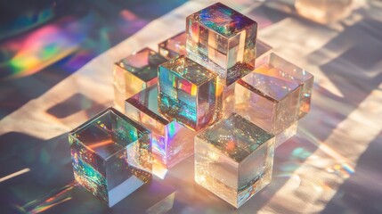 Poster - Stack of dichroic glass cubes dispersing artificial light into multiple spectra, with sparkling reflections on textured white paper.