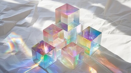 Poster - Stack of dichroic glass cubes dispersing artificial light into multiple spectra, with sparkling reflections on textured white paper.