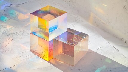 Poster - Stack of dichroic glass cubes dispersing artificial light into multiple spectra, with sparkling reflections on textured white paper.