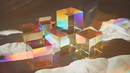 Poster - Stack of dichroic glass cubes dispersing artificial light into multiple spectra, with sparkling reflections on textured white paper.