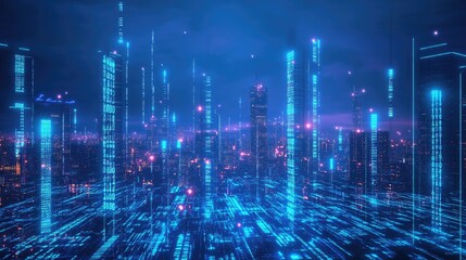 Poster - Urban cityscape glowing in neon blue with flowing binary code. Illustration of advanced technology, data flow, and digital progress.