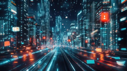 Poster - Street in a metaverse city with glowing holograms and blockchain integration. Digital illustration.