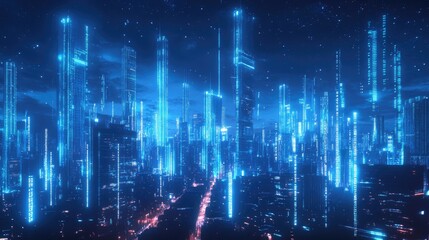 Poster - Urban cityscape glowing in neon blue with flowing binary code. Illustration of advanced technology, data flow, and digital progress.