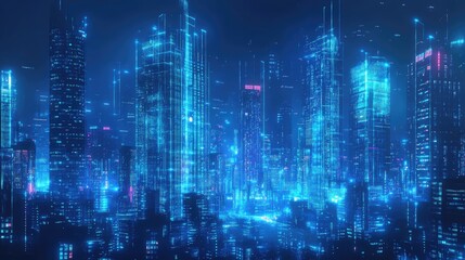 Poster - Urban cityscape glowing in neon blue with flowing binary code. Illustration of advanced technology, data flow, and digital progress.