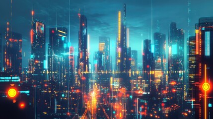 Poster - Urban skyline featuring a futuristic cityscape with glowing neon buildings and digital screens. Digital illustration. -