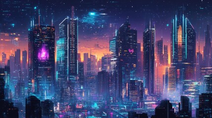 Poster - Urban skyline of a future city with skyscrapers adorned in neon lights and digital displays. Digital illustration.