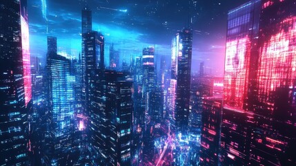 Poster - Urban skyline featuring a futuristic cityscape with glowing neon buildings and digital screens. Digital illustration. -