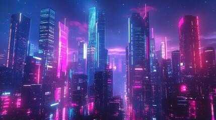 Poster - Urban skyline of a future city with skyscrapers adorned in neon lights and digital displays. Digital illustration.